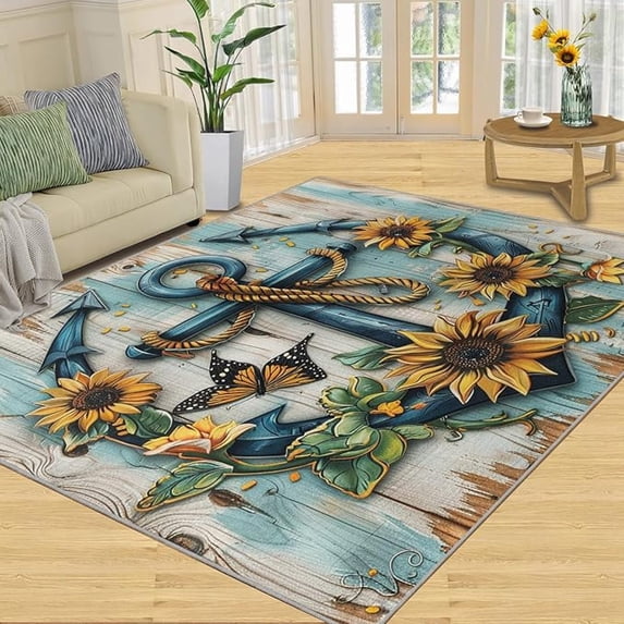 Nautical Anchor Rug Botanical Sunflower Area Rugs Rope Anchor Rugs For Living Room Anchor Vintage Rug Butterfly Animal Rug Broken Wooden Planks Carpet 1x2ft