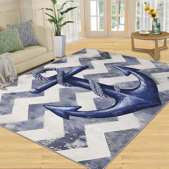Nautical Anchor Rug, Navy Blue Wave Stripe Area Rugs for Bedroom, Vintage Distressed Design Carpet, Washable Non-Slip Low Pile Area Rugs for Living Room, Coastal Lovers Home Decor & Gifts ﻿ 4 x 6ft