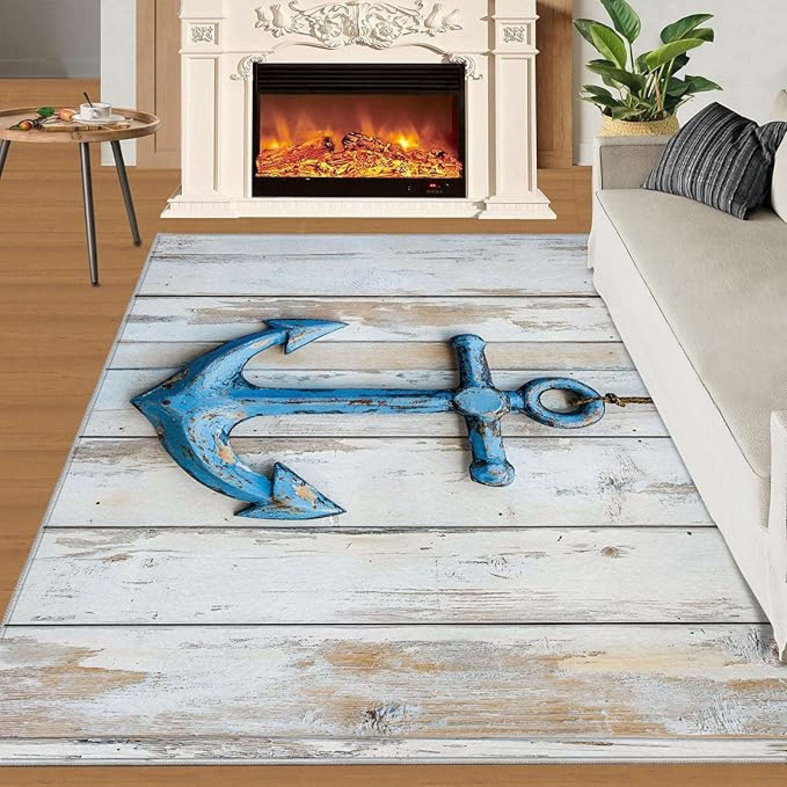 Nautical Anchor Rug, Wooden Planks Rugs For Bedroom, Rustic Farmhouse ...