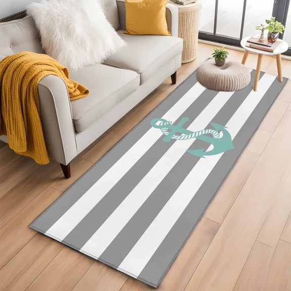 Nautical Anchor Runner Rug 2x6 FT,Non Slip Hallway Rugs,Turquoise Grey White Horizontal Stripe Washable Soft Floor Carpet Throw Runner Carpet Long Rugs for Entryway Kitchen Bedside Sliding Door