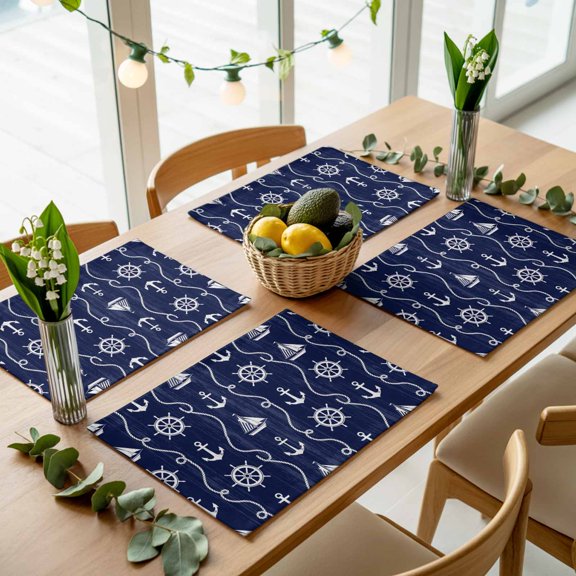 Nautical Anchor Sailboat Placemats Set of 4,Wipeable Washable Table Mats for Dining Tables, Deep Navy Blue Background Place Mats for Kitchen Event Party Tabletop Decor