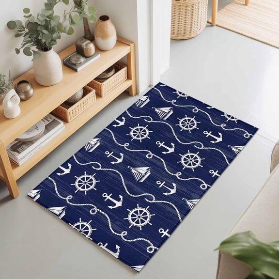 Nautical Anchor Sailboat Rectangle Area Rug 2x3ft,Living Room Rug Non-Slip Washable Circle Rugs Pad,Deep Navy Blue Background Soft Floor Carpet for Bedroom Dining Room
