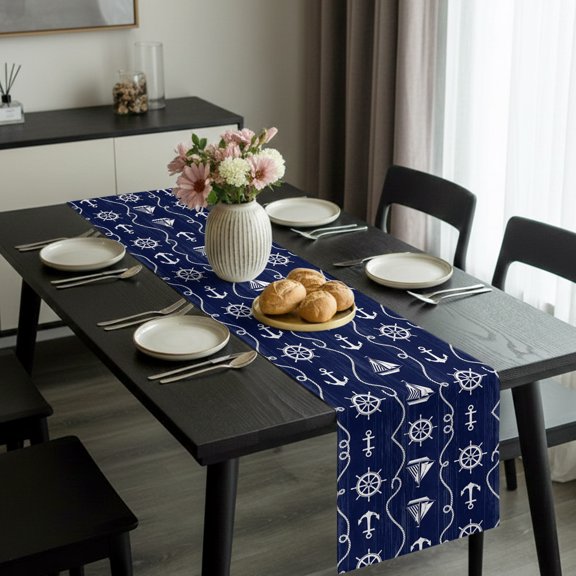 Nautical Anchor Sailboat Table Runner 36 Inches Long,Kitchen Dining Tablerunners Deep Navy Blue Background Linen Table Runners Dresser Scarves for Home Dinner Wedding Holiday Party Decor