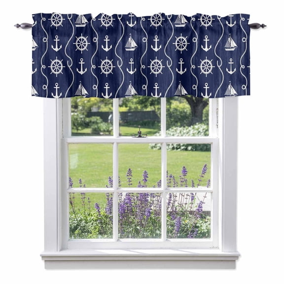 Nautical Anchor Sailboat Valances for Windows,Kitchen Valance Rod Pocket Short Curtain, Deep Navy Blue Background Valance Curtain Window Valances for Bedroom Bathroom Living Room 42x12in