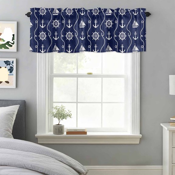 Nautical Anchor Sailboat Valances for Windows,Kitchen Valance Rod Pocket Short Curtain, Deep Navy Blue Background Valance Curtain Window Valances for Bedroom Bathroom Living Room 42x18in