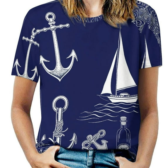 Nautical Anchor Sailboat Women's Short Sleeve Tops Casual Blouses T Shirt
