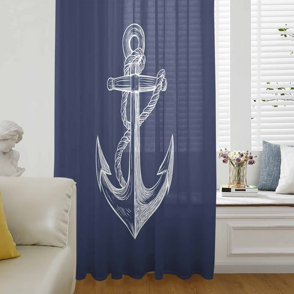 Nautical Anchor Semi Sheer Curtains Drapes for Living Room,Bedroom,French Doors Window 84 Inches Long,Navy Blue Coastal Marine Minimalist Rope Rod Pocket Chiffon Curtain Drapery Voile Drape Panel