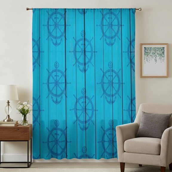 Nautical Anchor Sheer Curtains 108" Extra Long for Living Room, Coastal Ocean Sea Wooden Grain Blue Light Filtering Privacy Drapes, Breathable Semi Sheer Window Treatment for Floor to Ceiling Window