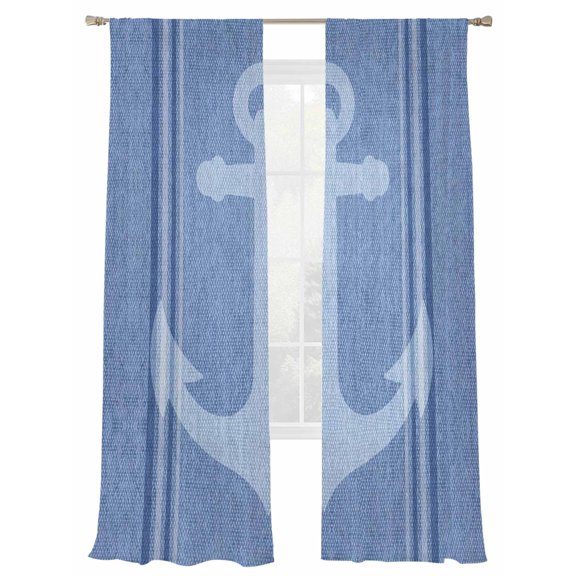 Nautical Anchor Sheer Curtains 2 Panels Set Blue Navy Stripe Fabric Texture Ocean Sheer Window Curtains Light Filtering Rod Pocket Voile Drapes for Bedroom Living Room 52"X108"