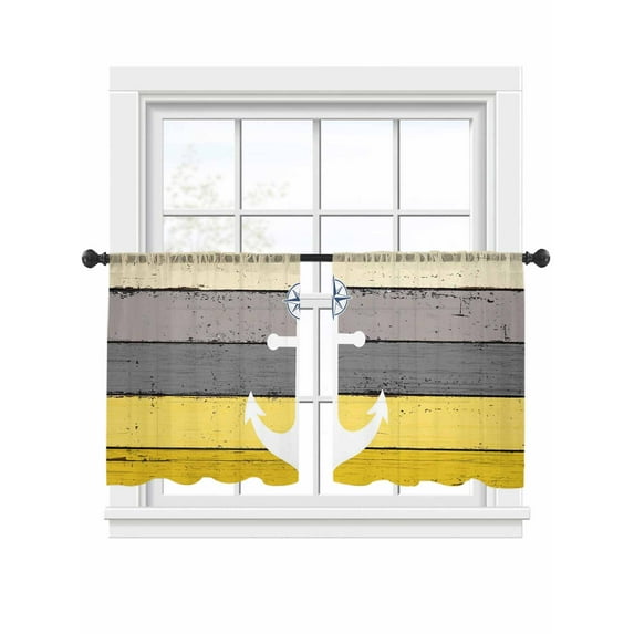 Nautical Anchor Sheer Curtains 45 Inch Length 2 Panels Set, Semi Transparent Voile Rod Pocket Curtains for Living Dining Room Bedroom Drapes Yellow Gray Gradient Wooden Grain