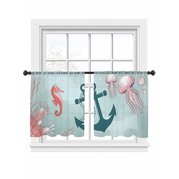 Nautical Anchor Sheer Curtains 45 Inch Long 2 Panels, Pink Jellyfish Seahorse Coral Ocean Marine Light Filtering Rod Pocket Curtains, Sheer Voile Drapes for Living Room Bedroom, 52"x45"