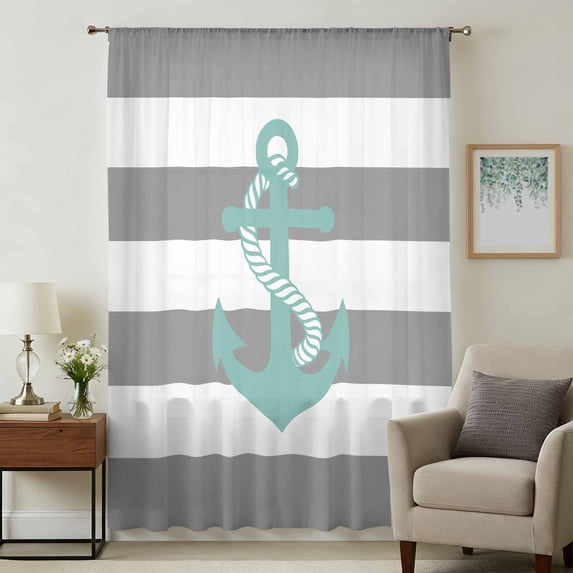 Nautical Anchor Sheer Curtains 84 Inches Long, Turquoise Grey White Horizontal Stripe Light Filering Curtains, Breathable Simi Curtain Privacy Drapes for Living Room Bedroom Window Treatment