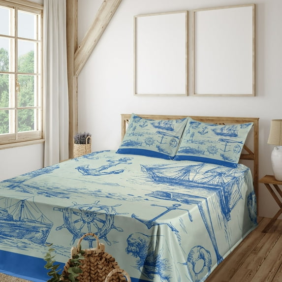 Ambesonne Fishing Fitted & Top Sheet Set with Shams, Whale Wheel Sketch, Eggshell Blue