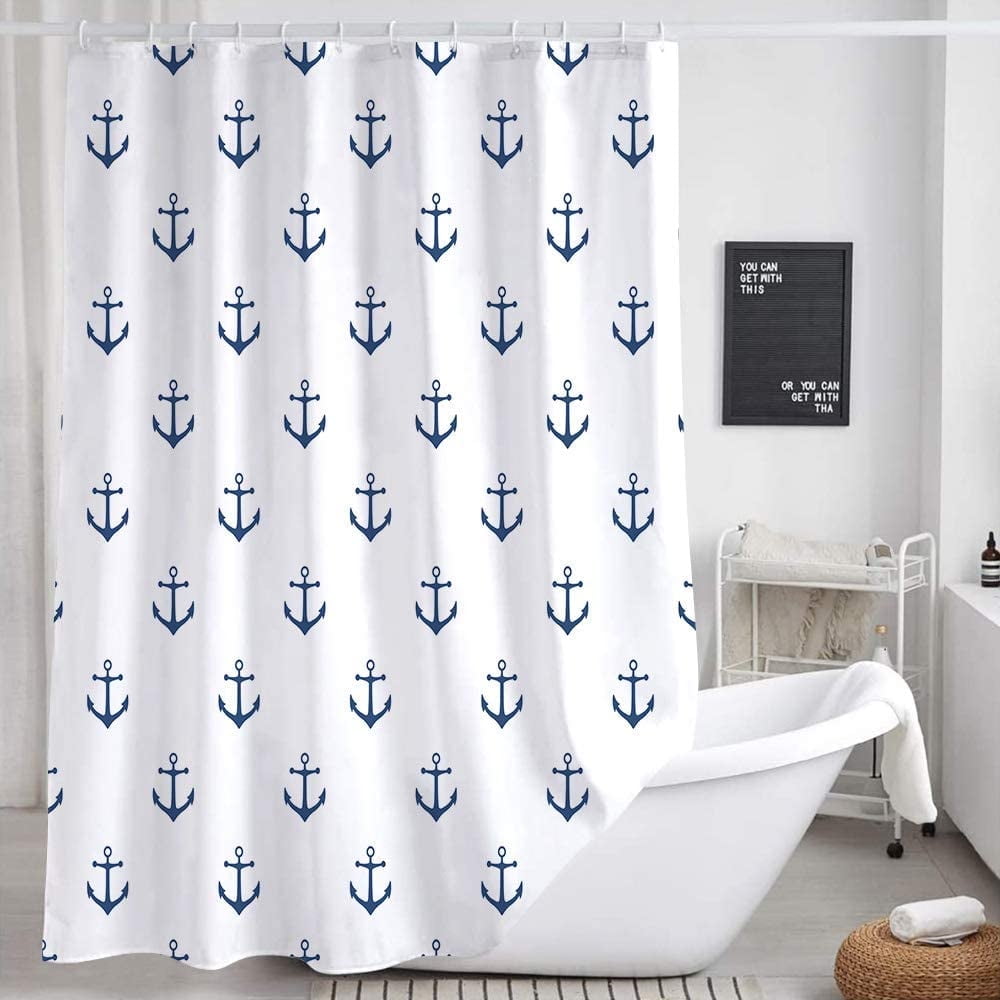 Nautical Anchor Shower Curtain for Bathroom, Navy Blue White Beach Fabric Shower  Curtains Set, Ocean Kids Restroom Decor Accessories, Hooks Included 72x72  Inch 
