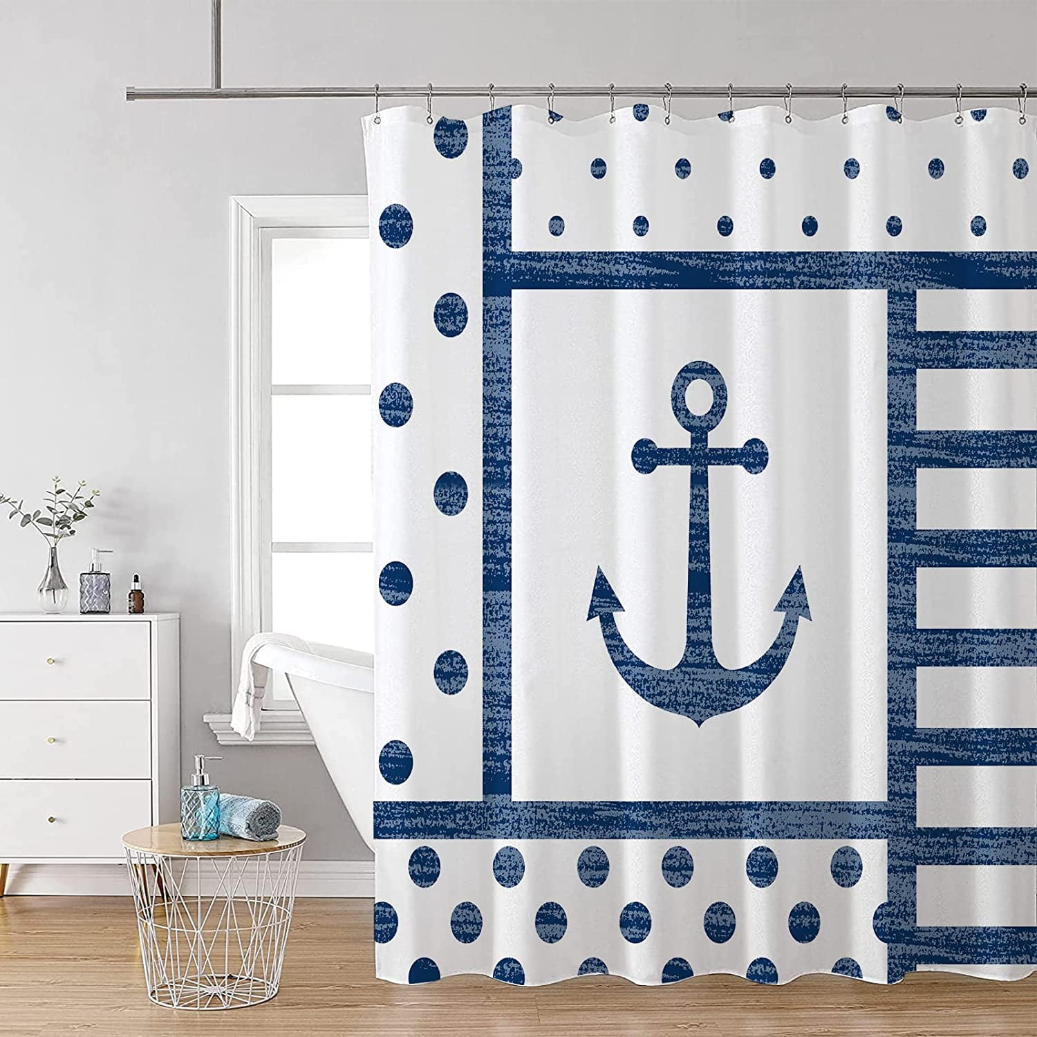 Nautical Anchor Shower Curtain,Navy Blue and White Shower Curtains Set ...