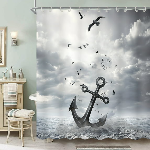 Nautical Anchor Shower Curtain, Sea Nautical Coastal Adventure Theme Gray Bath Curtains, Ocean Coastal Black White Flying Birds Print Shower Curtain Set for Bathroom Decor with 12 Hooks 72x72 inch