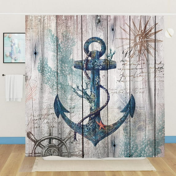 Nautical Anchor Shower Curtains for Bathroom Beach Coastal Shower Curtain Rustic Wooden Nautical Bathroom Decor Polyester Fabric-72''''x72''''