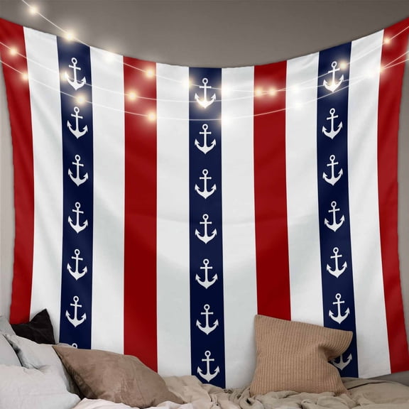 Nautical Anchor Small Tapestry for Bedroom Wall Hanging Tapestry, Red Navy Blue White Stripe Geometric Ceiling Backdrop Tapestries Poster Blanket Wall Decor for Teens Room Living Room Dorm 23" x 28"