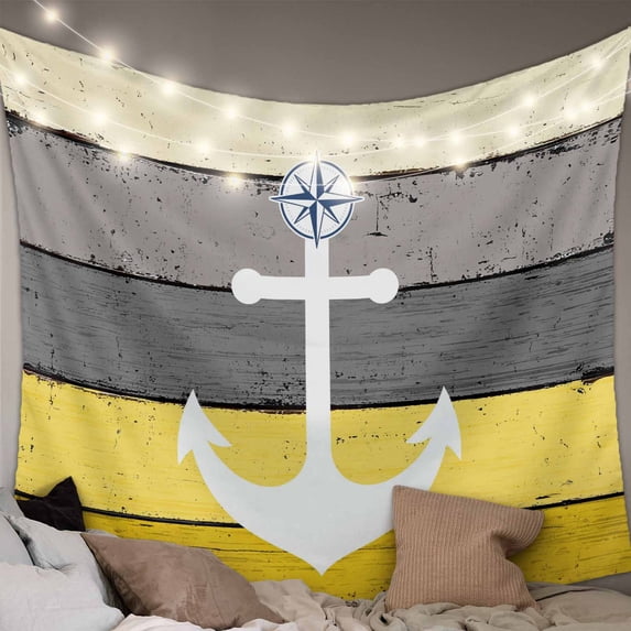Nautical Anchor Small Tapestry for Bedroom Wall Hanging Tapestry, Yellow Gray Gradient Wooden Grain Ceiling Backdrop Tapestries Poster Blanket Wall Decor for Teens Room Living Room Dorm 23" x 28"