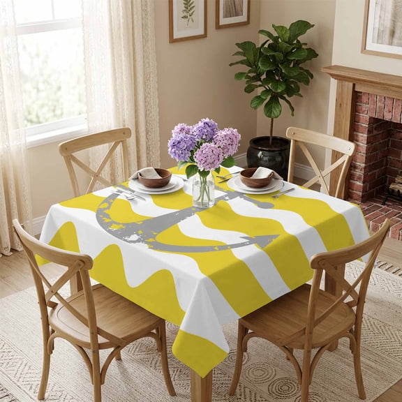 Nautical Anchor Square Tablecloth 54x54 Inch Yellow and White Wave Stripes Waterproof Polyester Tablecloth for Dining Table, Washable Table Cover for Kitchen Dining Room Wedding,Stain Resistant