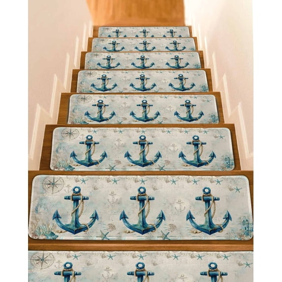 Nautical Anchor Stair Treads Non Slip Indoor for Wooden Steps, Vintage Coastal Summer Beach Coral 7 Pcs Stair Mats for Elders Dogs, 8 x 30 Inch Carpet Treads Runner Rugs for Staircase