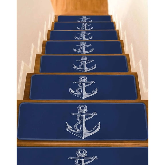 Nautical Anchor Stair Treads for Wooden Steps Indoor Runner Rug Carpet, Navy Blue Coastal Marine Minimalist Rope 10 Pieces Peel and Stick Staircase Step Treads Covers Washable Throw Door Mats, 30"x8"