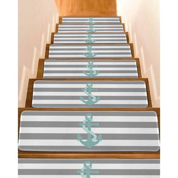 Nautical Anchor Stair Treads for Wooden Steps Indoor Runner Rug Carpet, Turquoise Grey White Horizontal Stripe 7 Pieces Peel and Stick Staircase Step Treads Covers Washable Throw Door Mats, 30"x8"