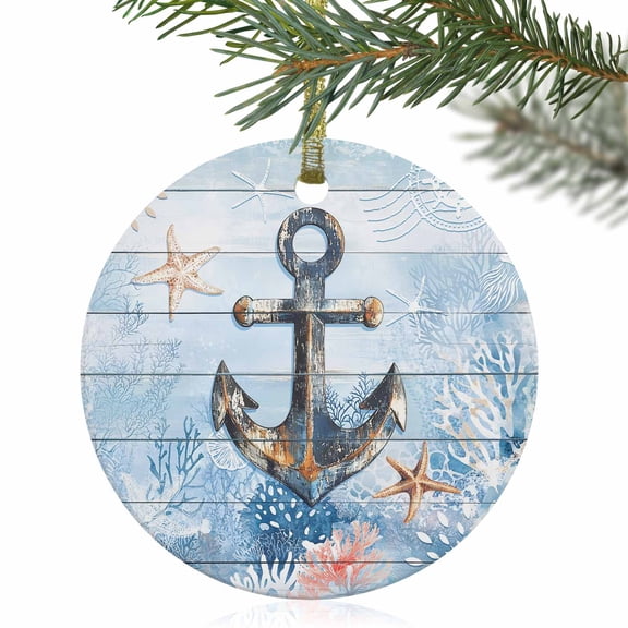 Nautical Anchor Starfish Coral Christmas Ceramic Ornament 2025,3" Round Xmas Tree Hanging Accessories with Gold Ribbon