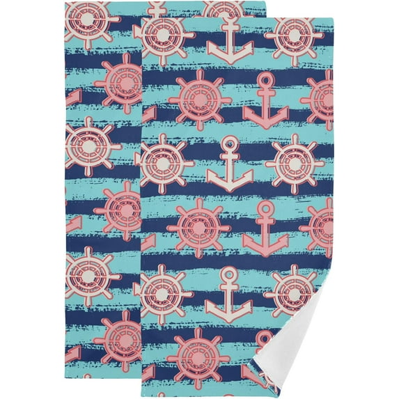 Nautical Anchor Steering Wheel Hand Towels 2 PCS, Summer Stripes Kitchen Towel Ultra Soft and Highly Absorbent,Decorative Fingertip Face Towel for Bathroom Hotel, 28.3"x14.4"