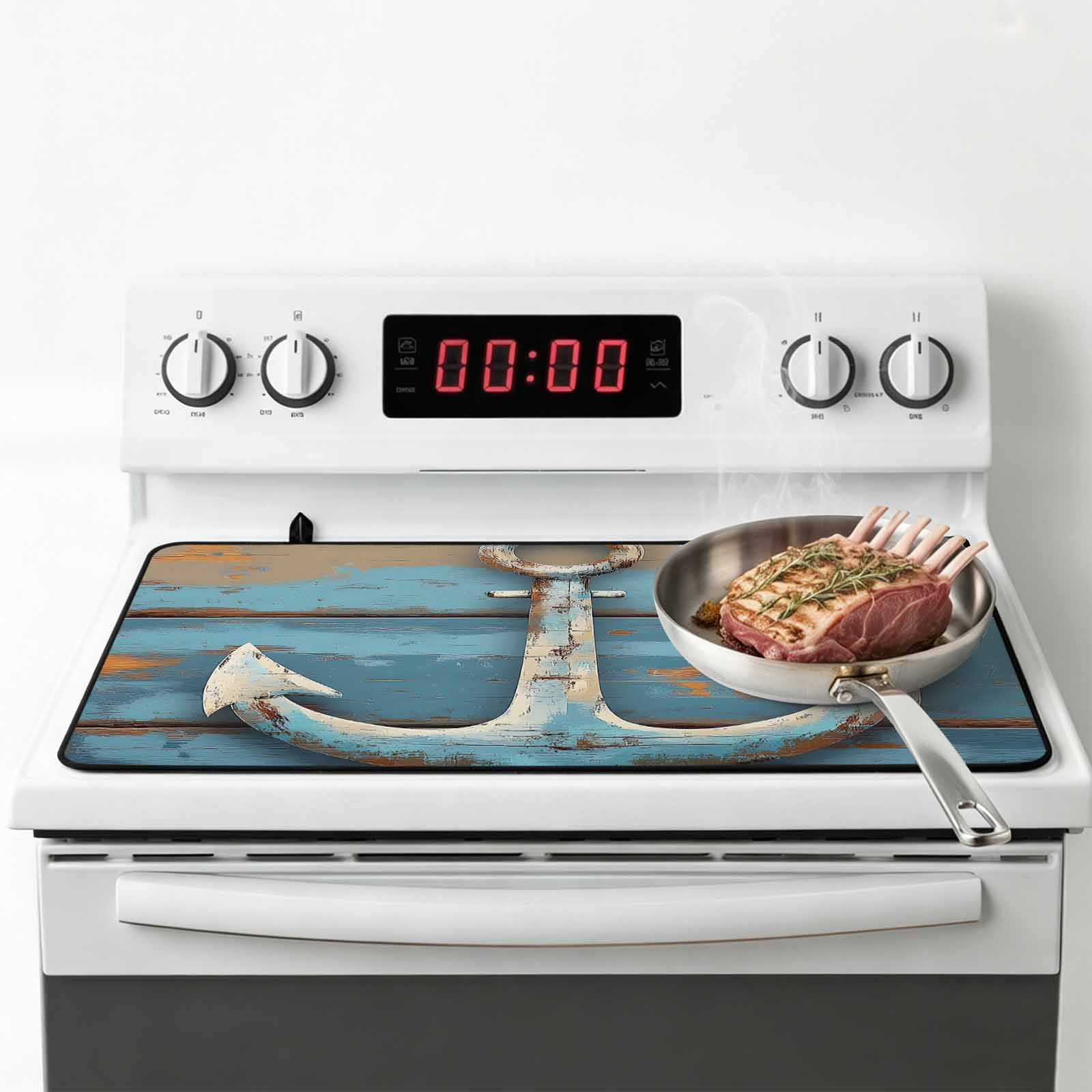 Nautical Anchor Stove Top Cover for Electric Stove, Heat-proof & Non Slip Glass Top Stove Cover Protector, Retro Farmhouse Blue Wooden Grain Kitchen Flat Cooktop Rubber Mat 31x24 Inches