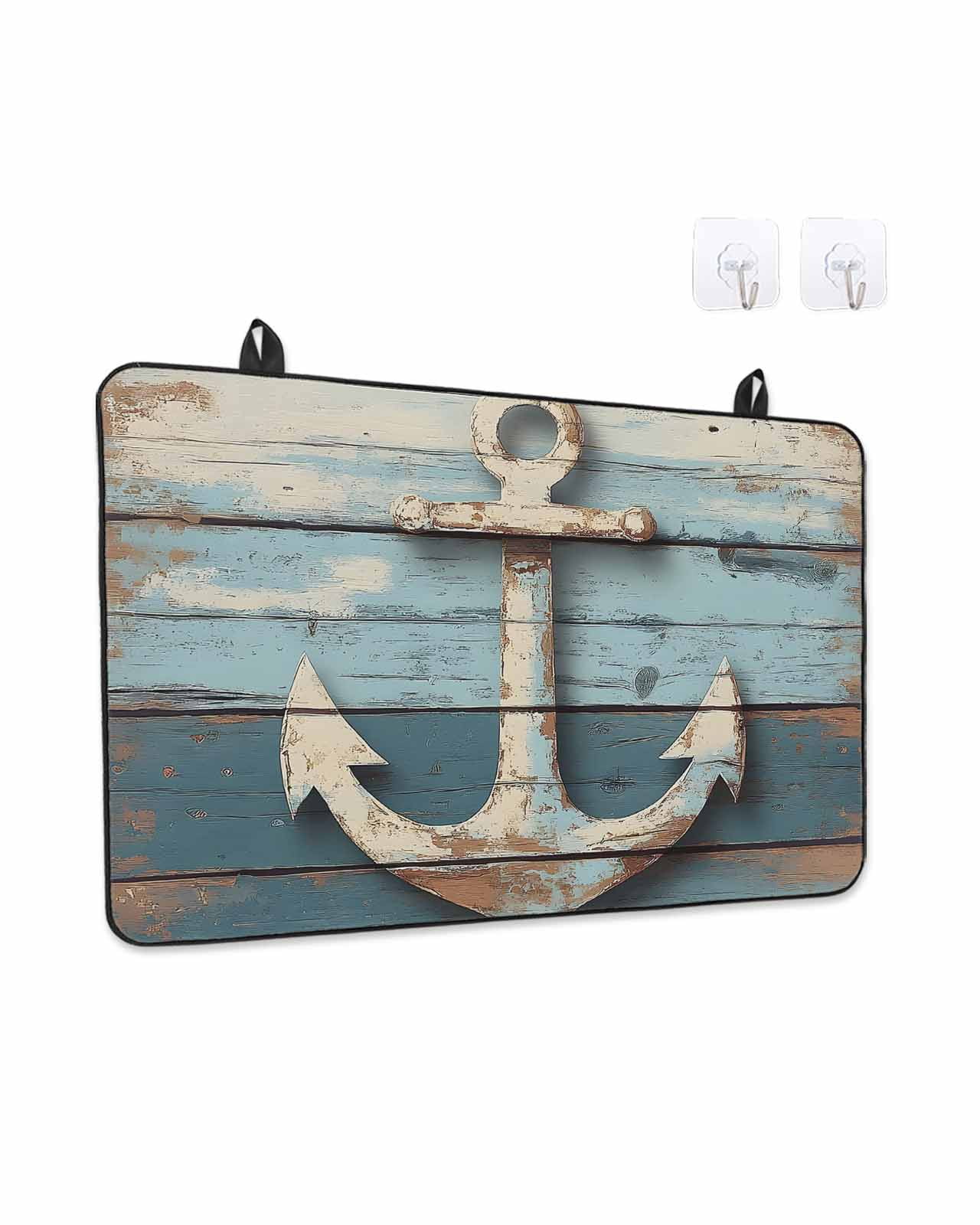 Nautical Anchor Stove Top Covers for Electric Stove, 28'x20'' Vintage Style Blue Wood Grain Glass Ceramic Stove Cover Foldable Rubber Mat Heat Resistant Cooktop Protector for Kitchen