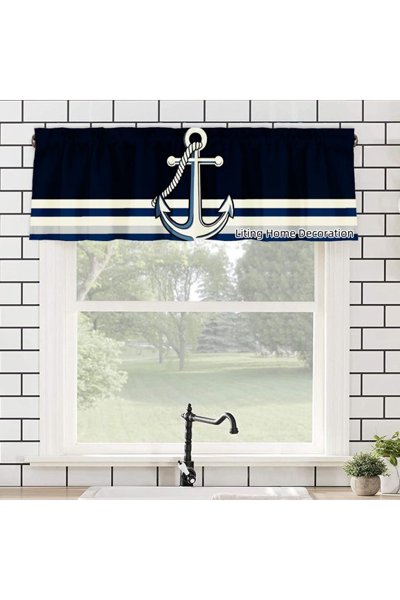Nautical Anchor Stripe Pattern Design Polyester Rod Pocket kitchen Valances Curtains for windows 54x18 inch