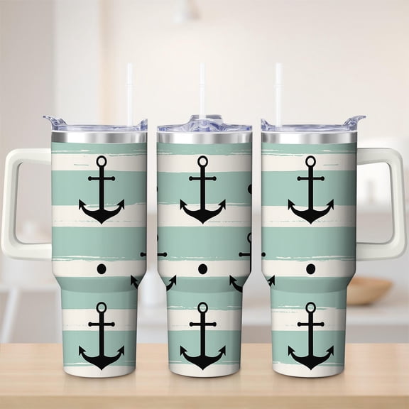 Nautical Anchor Stripe Stainless Steel Insulated Mug with Lid and Handle, 30oz