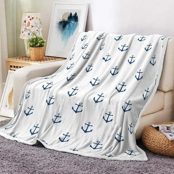 Nautical Anchor Stuff Gifts Blanket for Men Teens Boys Kids Women, White Soft Beach Coastal Boat Beachy Gift Ideas Theme Unique Birthday Fleece Flannel Bedding Bed Couch Throw Blankets 50"X60"
