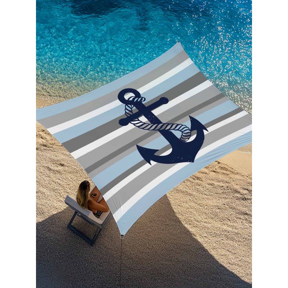 Nautical Anchor Sun Shade Sail 6.5' x 10', Blue Grey Stripe Modern Simplistic Striped Rectangle Outdoor Sunshade Canopy, Waterproof UV Block Patio Covers for Garden Yard Beach