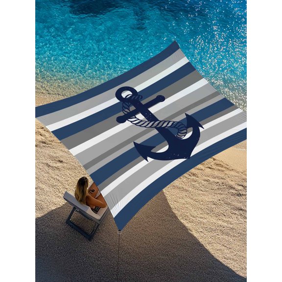 Nautical Anchor Sun Shade Sail 6.5' x 10', Navy Blue Grey Stripe Modern Simplistic Striped Rectangle Outdoor Sunshade Canopy, Waterproof UV Block Patio Covers for Garden Yard Beach