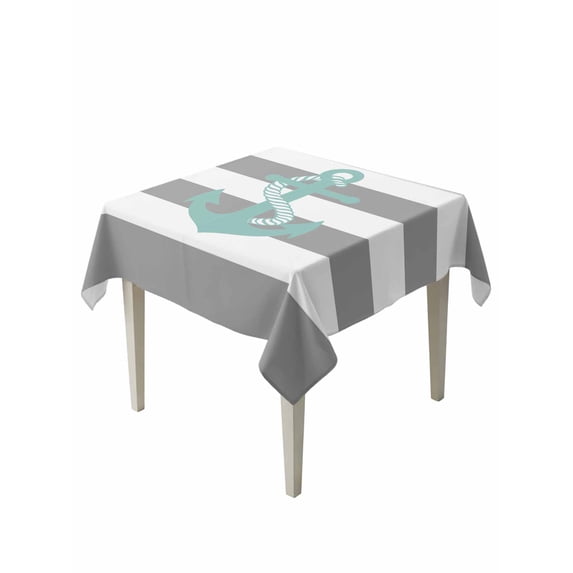 Nautical Anchor Suqare Tablecloth - 54 x 54 Inch, Turquoise Grey White Horizontal Stripe Waterproof & StainResistant Tablecloth, Washable Oil-proof Table Cover for Dining/Party/Wedding/Camping/Buffet