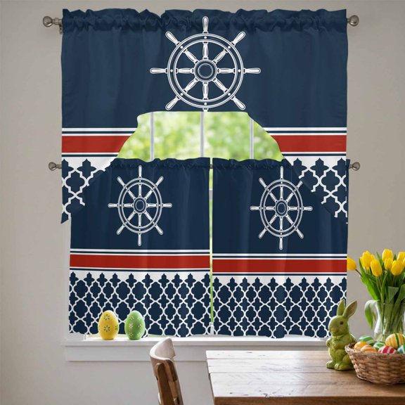 Nautical Anchor Swag Curtains Valance & Tier Set, Nautical Anchor Red Stripe Plaid Navy Blue 3 Pcs Set Kitchen Swag Valances and Tiers 36 Inch Length Rod Pocket Curtain Drapes for Bedroom