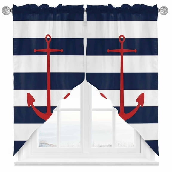 Nautical Anchor Swag Valances for Windows 2 Pack Navy Blue and White Striped Swag Kitchen Curtains 36 Inches Long Rod Pocket Short Window Treatment for Kitchen Bathroom 36"x36"