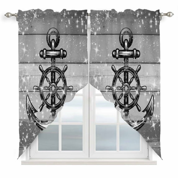 Nautical Anchor Swag Valances for Windows, Kitchen Curtains 36 Inch Length 2 Panels Set, Rudder Stars Retro Black Grey Wooden Grain Short Curtains for Small Windows Rod Pocket Cafe Curtains 28"x36"