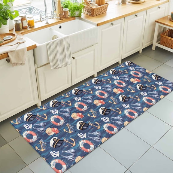 Nautical Anchor Swimsuit Navy Cap Seamless Rectangle Area Rug 2x6ft,Living Room Rug Non-Slip Washable Circle Rugs Pad,Navy Blue Ocean Soft Floor Carpet for Bedroom Dining Room