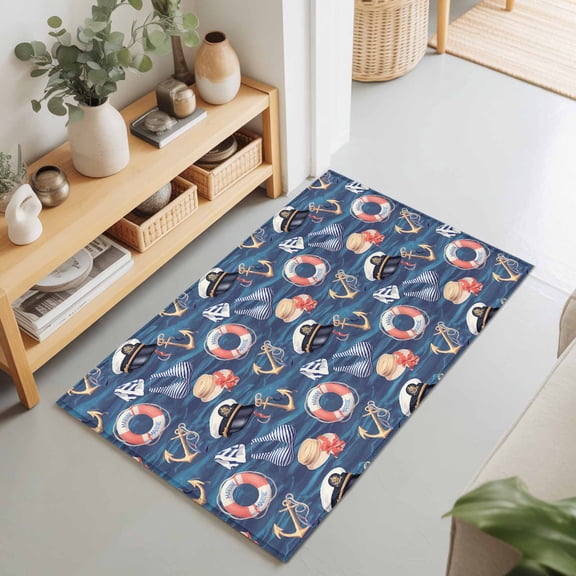 Nautical Anchor Swimsuit Navy Cap Seamless Rectangle Rug 2'x3' Navy Blue Ocean Washable Area Rugs for Living Room Bedroom Entryway Non Slip Entrance Door Mat Indoor Floor Carpet