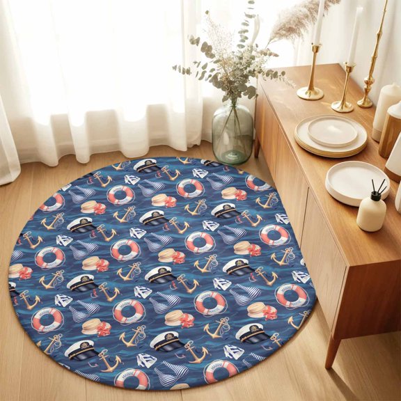 Nautical Anchor Swimsuit Navy Cap Seamless Round Rug 3ft Navy Blue Ocean Washable Area Rugs for Living Room Bedroom Entryway Non Slip Entrance Door Mat Indoor Floor Carpet