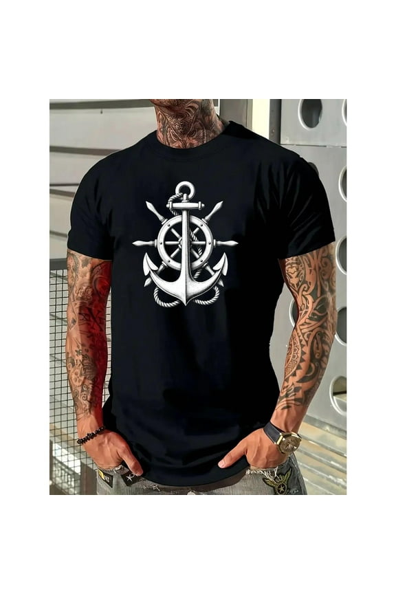 Nautical Anchor T-Shirt Graphic Tee Maritime Top Cotton Casual Shirt Comfort Apparel Black S-5XL