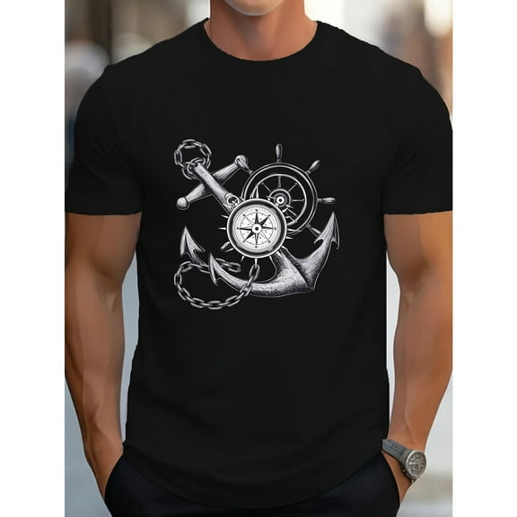 Nautical Anchor T-Shirt Graphic Tee Maritime Top Cotton Crew Neck Casual Shirt Comfort fit Black S-5XL