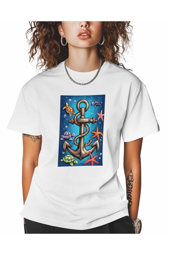 Nautical Anchor T Shirts for Women Short Sleeve Cotton Crewneck T-Shirt Orange Starfish Sea Turtle Ocean Tee Tops Casual Basic T-Shirts, XS-5XL White 5XL