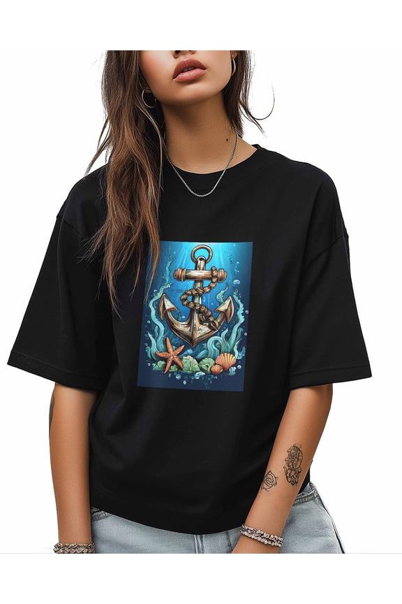 Nautical Anchor T Shirts for Women Short Sleeve Cotton Crewneck T-Shirt Orange Starfish Shell Coral Ocean Tee Tops Casual Basic T-Shirts, XS-5XL Black 2XL