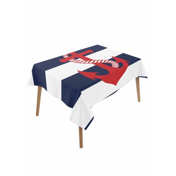 Nautical Anchor Table Cloth 52x70 Inch Rectangle, Coastal Navy Blue Stripe Waterproof Tablecloth Washable Table Cover for Party Picnic Dinner Decor