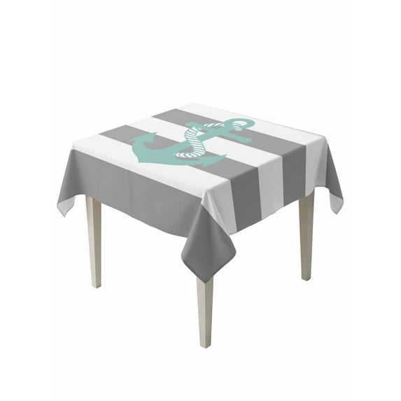 Nautical Anchor Table Cloth, Turquoise Grey White Horizontal Stripe Waterproof Tablecloth for Square Tables, Reusable Washable Fabric Table Cover for Restaurant Kitchen Dining Tables 54"x54"