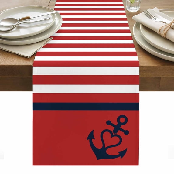Nautical Anchor Table Runner - 36 Inch Long, Kitchen Dining Table Runner Dresser Scarves, Red White Geometric Horizontal Stripes Farmhouse Decor for Coffee Tables Wedding Party Banquet